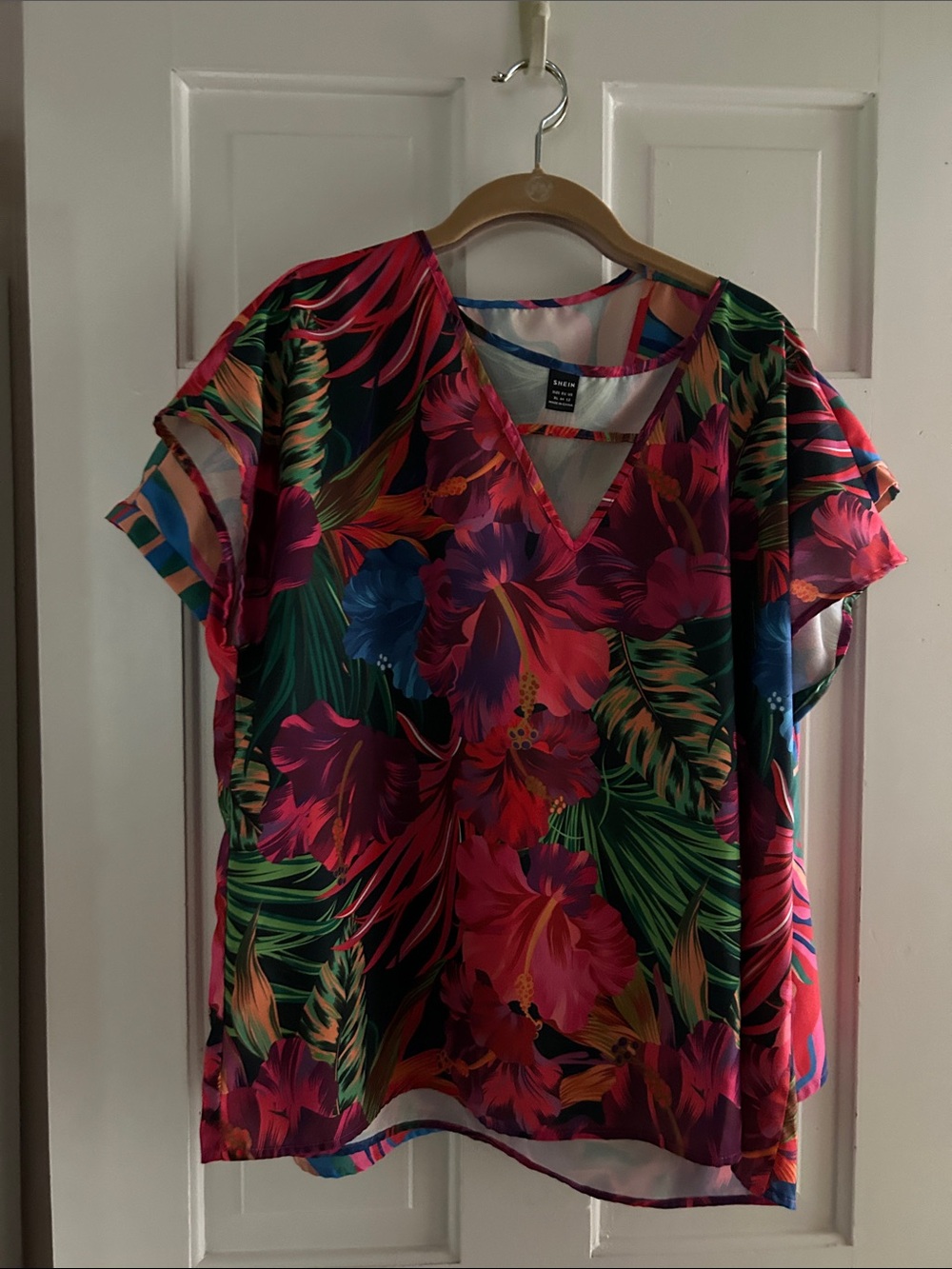 SHEIN Bright Tropical Floral V-Neck Blouse - Pink, Green, Blue